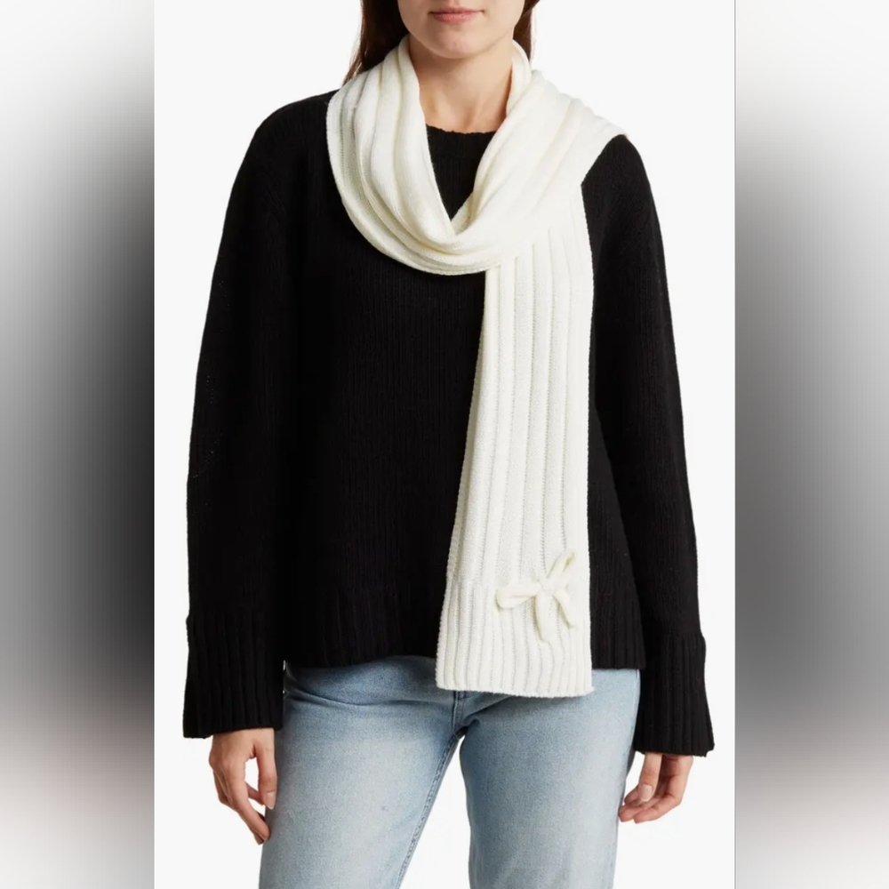 NWT Kate Spade Ribbed Bow Knit Scarf- French Cream  w/metallic threads  90"x9.5"